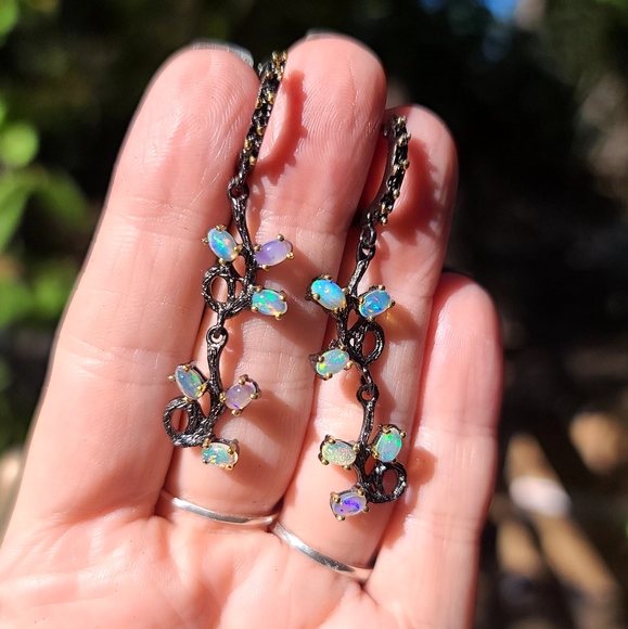 Natural Kharma by Avelon Jewelry - 6 Opal floral vine drop sterling rhodium & gold Earrings STUNNING!